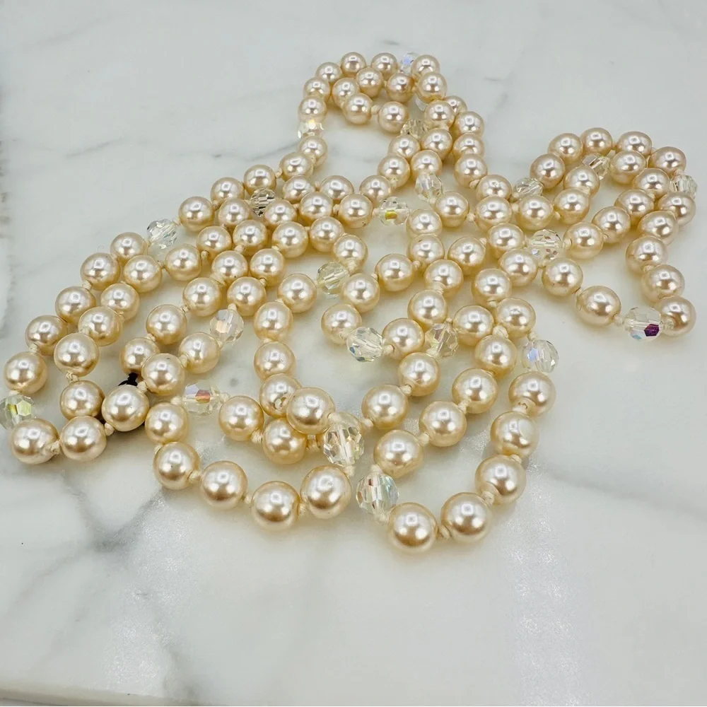 Vintage Glass Pearl Necklace Aurora Borealis Faceted Crystals Knotted Opera 52”